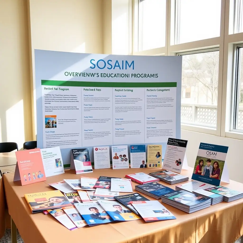 An overview display of SOSAIM's educational programs with brochures on a table.