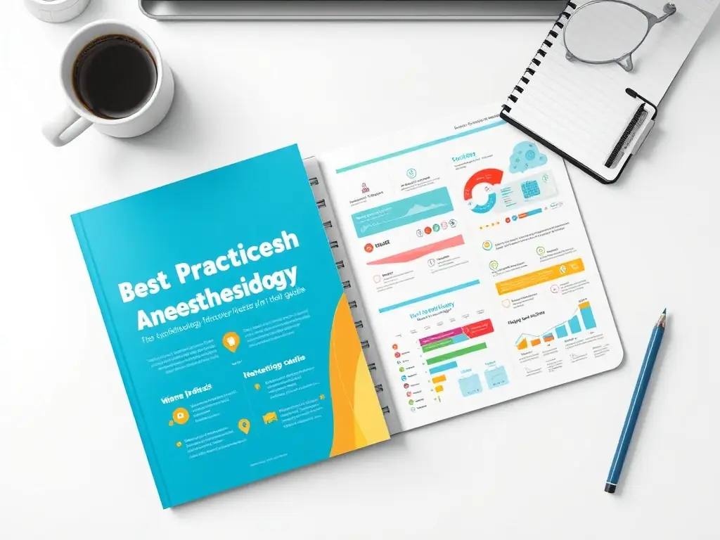 An illustrated guide on best practices in anesthesiology on a white desk.