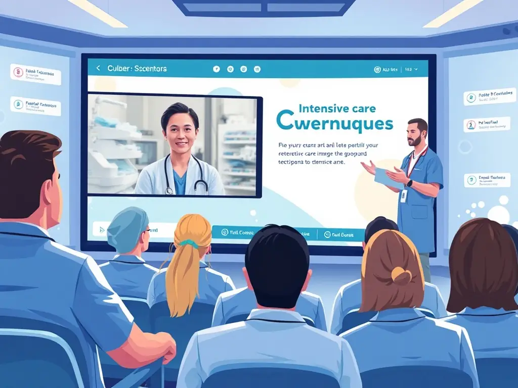 A webinar session on intensive care techniques with a speaker and digital interface.