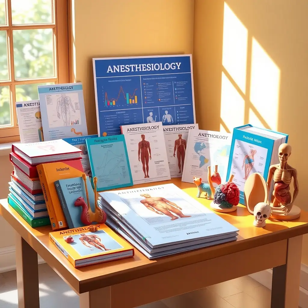 A vibrant collection of anesthesiology learning materials on a wooden table, illuminated by sunlight.